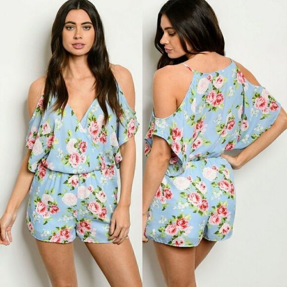Blue Floral Cold Shoulder Romper - Picture 1 of 1